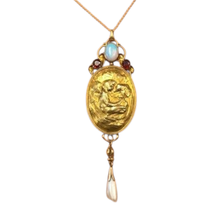 lot 12 image: Antique Estate 2 Carat Antique 1910s Estate Art Nouveau Handmade Angel  Cherub Opal, Garnet, Pearl Necklace in 14k Yellow Gold $5,645 Retail VIDEO