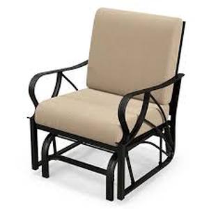 lot 19 image: Patio Glider Chair Metal Outdoor Glider with Seat with Tan Cushions Backyard Poolside    Customer Returns See Pictures