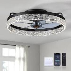 FANNEHONNE 19.6 in. LED Indoor Black Crystal Flush Mount Ceiling Fan with Light Dimmable for Low Profile Bedroom    Customer Returns See Pictures