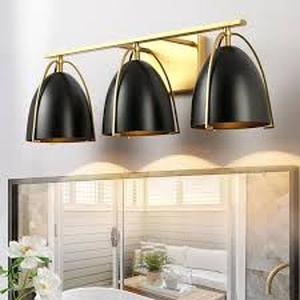 lot 27 image: Rennnsan Mattheo 23.23 in. W 3-Light Matte Black with Brushed Gold Half-Cut Dome Metal Vanity Light   Customer Returns See Pictures