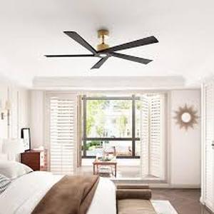 lot 28 image: FUFU&GAGA 62 in. Indoor Outdoor Black Solid Wood 5 Blade Propeller Ceiling Fan with Remote Control 6-Speed Adjustable Gold Housing   Customer Returns See Pictures