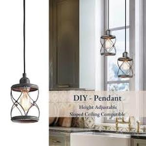 lot 38 image: LNC Modern Farmhouse Gray Mini Pendant Light with Dark Pewter Geometric Drum Metal Wire Cage, 1-Light Rustic Fixture for DIY  Customer Returns See Pictures