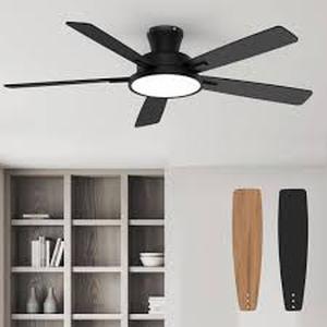 lot 44 image: QRMOK T5 52 in. Indoor Ceiling Fan with Light, Ultra Silent Ceiling Fan with 3 CCT Light, Reversible Blades and DC Motor Black    Customer Returns See Pictures