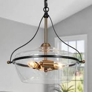 lot 47 image: Zevni 14 in. Modern 3-Light Brass Gold Chandelier Light, Black Pendant Light with Clear Glass, Bowl Hanging Ceiling Light  Customer Returns See Pictures