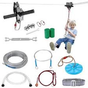 lot 51 image: Lot of VEVOR Zipline Kit for Kids and Adult, 120 ft Zip Line Kits Up to 500 lb, Backyard Outdoor Quick Setup Zipline, Playground Entertainment with Stainless Steel Zipline, Spring Brake, Safety Harness, Seat    Customer Returns See Pictures