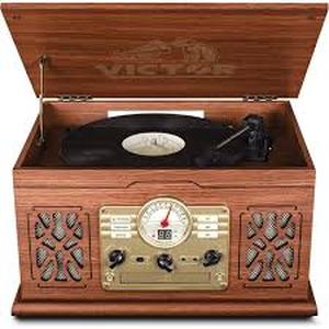 lot 91 image: Victor State Bluetooth Turntable Record Player, CDMP3Cassette Player, FM Radio and Built-In Stereo Speakers, Mahogany    Customer Returns See Pictures