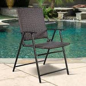 lot 95 image: Folding Outdoor Patio Sling Rattan Camping Deck Chairs in Brown (Set of 4)    Customer Returns See Pictures
