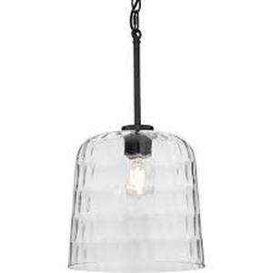 lot 100 image: Progress Lighting Mauzy Collection 1-Light Matte Black Transitional Pendant with Clear Water Glass Shade for Kitchen     Customer Returns See Pictures