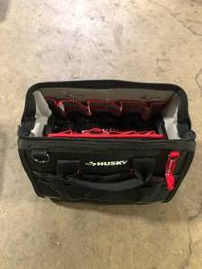 lot 34 image: Husky 16 in. Large Mouth Tool Bag with Parts Bin Zone Customer Returns See Pictures