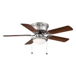 lot 48 image: Hampton Bay Hawkins III 44 in. LED Indoor Brushed Nickel Flush Mount Ceiling Fan with Light Customer Returns See Pictures