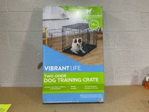 lot 308 image: Vibrant Life Double-Door Folding Metal Wire Dog Crate with Divider and Tray, Large, 36