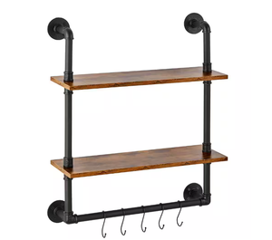 lot 416 image: VEVOR Industrial Pipe Shelf 2 Tier 7.87 in. W x 24 in. D Brown Wood Solid Decorative Wall Shelf Rustic Wood Shelves Bracket