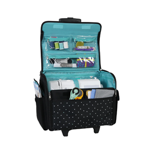 lot 314 image: Everything Mary Rolling Sewing Machine Storage and Transport Tote, Black & White Triangles with Wheels