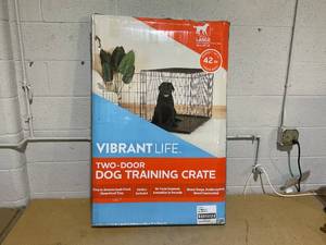 lot 180 image: Vibrant Life Double Door Metal Wire 42 Dog Crate, Leak-Proof Pan & Divider for Dogs Up to 90 lbs