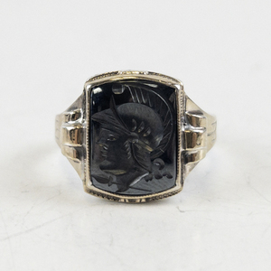 lot 5 image: Sterling Silver and 10K Hematite Intaglio Ring Size 11.25