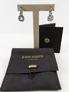 John Hardy Cushion Cut Blue Topaz Sterling Silver Kali Drop Earrings with Pouch