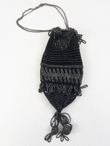 lot 10 image: Vintage Black Beaded Evening Purse with Fringe and Chain Strap