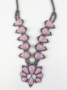 lot 16 image: Pink Stone Squash Blossom Necklace with Silver Tone Beads