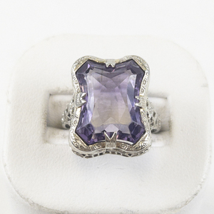 lot 19 image: 14K Vintage Styled White Gold Fancy Cut Amethyst Ring Size 7.5