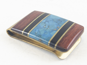 lot 21 image: Vintage Brass Money Clip with Turquoise, Wood, and Onyx Inlay