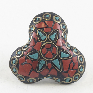 lot 52 image: Coral and Turquoise Chip Mosaic Brass Ring Size 6-7