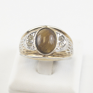 lot 74 image: Mens Size 11.25 Tigers Eye Cabochon Base Metal Ring with Rhinestones