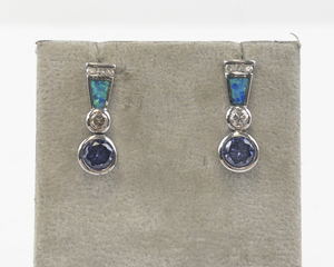 lot 82 image: Sterling Silver Drop Earrings with Amethyst, CZ, and Opal Inlay
