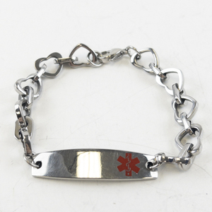 lot 123 image: Stainless Steel Diabetes Medical Alert ID Bracelet with Heart Links