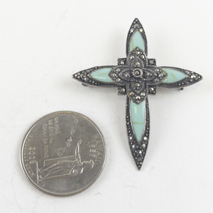 lot 144 image: Sterling Silver Cross Brooch with Turquoise Inlays and Marcasite Accents
