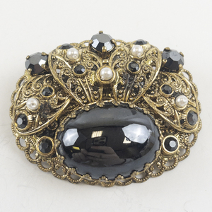 lot 164 image: Vintage W. Germany Ornate Filigree Brooch with Black Stone and Faux Pearls