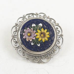 lot 174 image: Vintage Micro Mosaic Floral Brooch with Filigree Border
