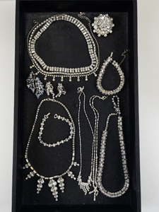 lot 195 image: Vintage Costume Jewelry Set with Rhinestone Necklaces, Bracelets, Brooches, and Earrings
