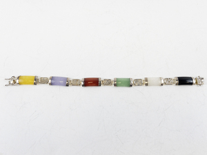 lot 214 image: Sterling Silver Multi-Color Jade Link Bracelet 7.5in