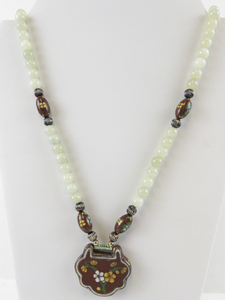 lot 227 image: Cloisonn Flower Pendant Necklace with Jadeite Beads