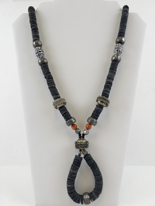 lot 240 image: Ethnic Style Necklace with Black Disc Beads and Ornate Silver-Tone Accents