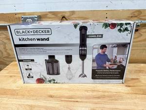 lot 189 image: BLACKDECKER Kitchen Wand Cordless Immersion Blender, 3 in 1 Multi Tool Set, Hand Blender with Charging Dock, Whisk and Food Chopper, Black