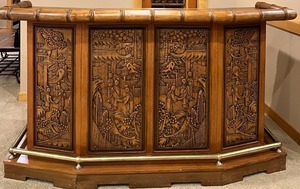 Vintage Asian Scene Handcrafted Wooden Bar with Intricate Carvings