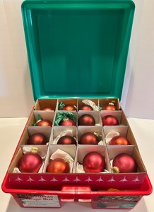 lot 41 image: Christmas Ornament Storage Box with Assorted Holiday Ornaments