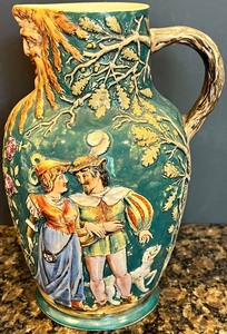lot 104 image: Vintage Majolica Pitcher with Folklore Motif