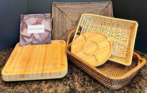 lot 111 image: Smirly Brand Bamboo Cheese Board with Knife Set and Rattan Baskets