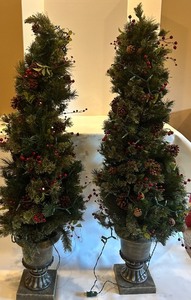 lot 51 image: Pre-Lit Pair of Holiday Decorative Entryway Topiary Trees with LED Lights