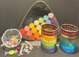 lot 59 image: Vibrant Glass Plate, Candle Holders, and Assorted Glass Candy Set