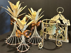 lot 61 image: Set of 3 Metal Wheat Candle Holders with Decorative Accents and Ornate Metal Lantern