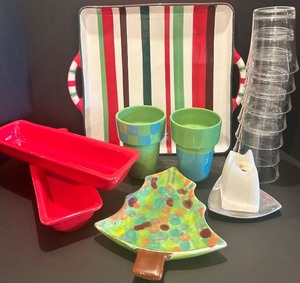 lot 64 image: Set of Holiday Dishware with Serving Tray and Glasses