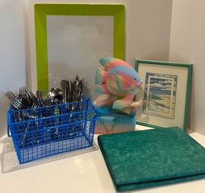 lot 68 image: Household Decor and Kitchen Set with Cutlery, Painted Fish Sculpture, Art, and Tray