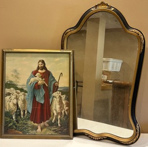 lot 76 image: Vintage Brass Framed Mirror and Jesus with Lamb Artwork