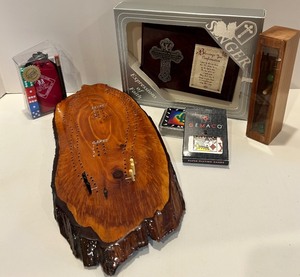 lot 95 image: Collection of Cribbage Board, Playing Cards, and Blessings Plaque