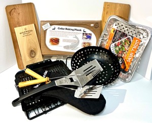 lot 122 image: Deluxe Grilling Accessory Set with Cedar Planks and Grill Tools