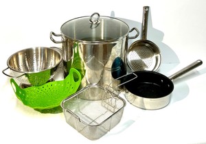 lot 128 image: Stainless Steel Cookware Collection with Large Arcosteel by Metro Marketing Stock Pot, Colanders & Accessories