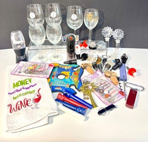 lot 134 image: Wine Lovers Collection Featuring Waterford Crystal Wine Stoppers, Venturi Red Wine Aerator, Glasses, Stoppers, Pourers & Accessories